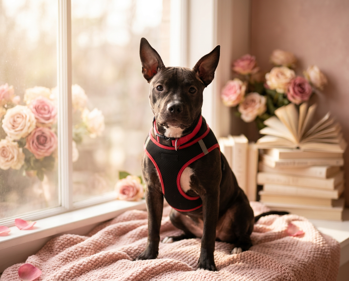 Pandora, uma pitbull filhote marrom e branca, sentada em uma manta rosa perto da janela